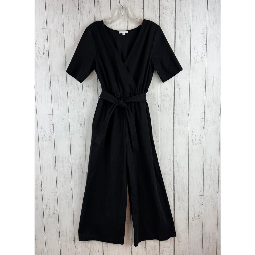 VETTA Black Tencel Organic Cotton V-Neck Belted Wide Leg Jumpsuit Size Small